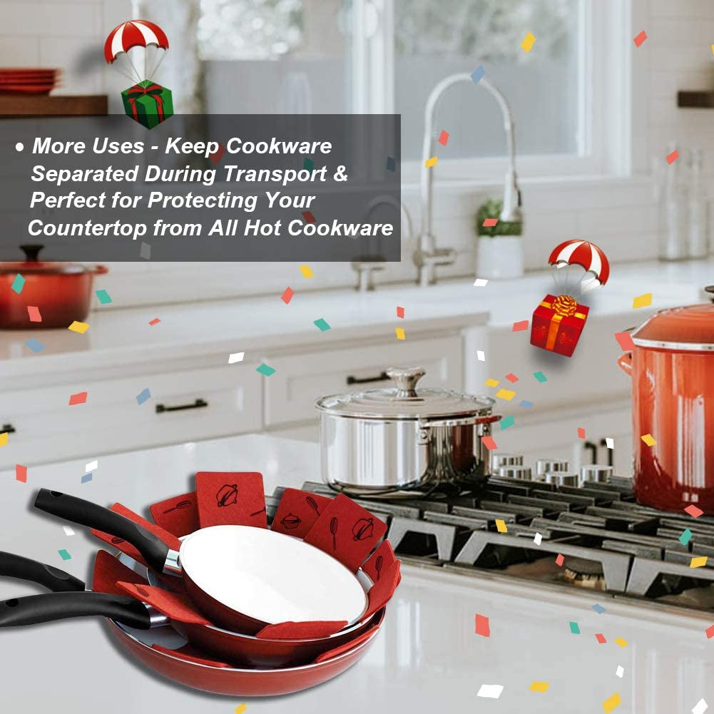 Pot Pan Protectors, Set of 12 and 3 Different Size, Red Pans Dividers Pad/Cookware Protectors Set/Pan Separators Protectors for Protecting and Separating Pots and Pans