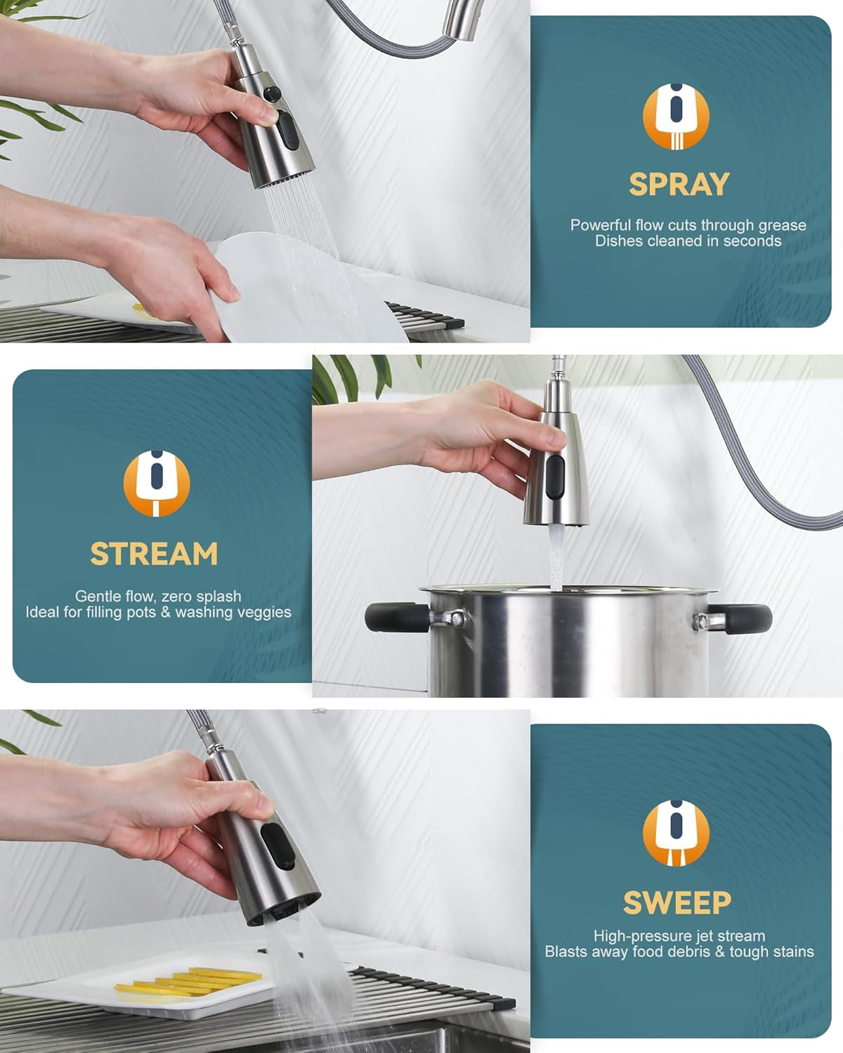 Kitchen Faucet with Sprayer, Kitchen Sink Faucet, SUS 304 Stainless Steel, High Arc Single Handle Brushed Nickel Kitchen Faucets with Pull down Sprayer, Pull Out Kitchen Faucet with Deck Plate