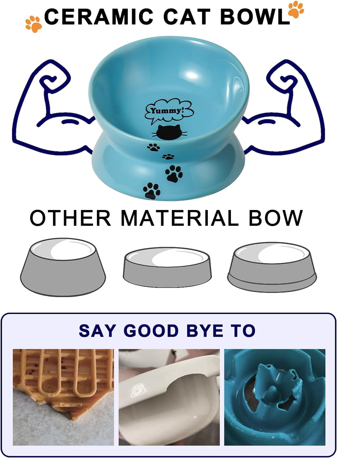 Elevated Cat Food Bowl, Ceramic Raised Bowl, Tilt Angle Protects Cat'S Spine, anti Vomiting Dish, Backflow Prevention, Lake Blue